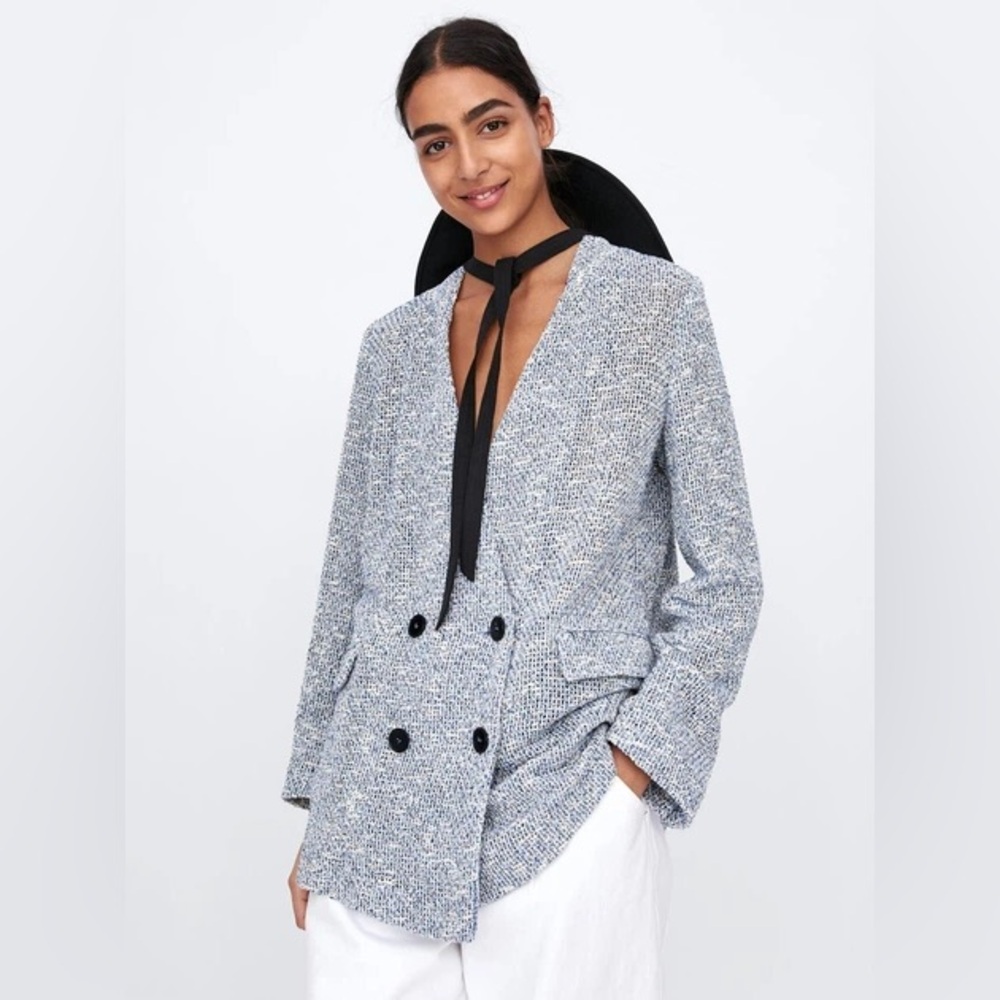Zara Double Breasted Textured Weave Knit Blazer Cardigan Blue Sz S